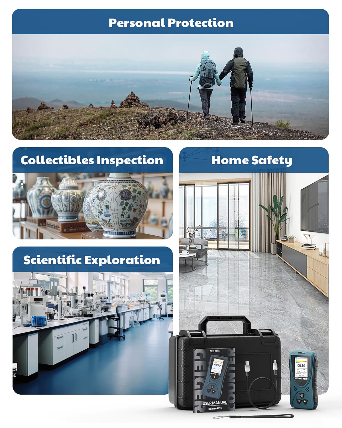 Radiation Detector AEGTEST Radar-5633 Portable Nuclear Radiation Detector with LCD Screen, Rechargeable Dosimeter for Beta Gamma X-ray Detection, Measures in CPM μSv/h μR/h μSv - Blue