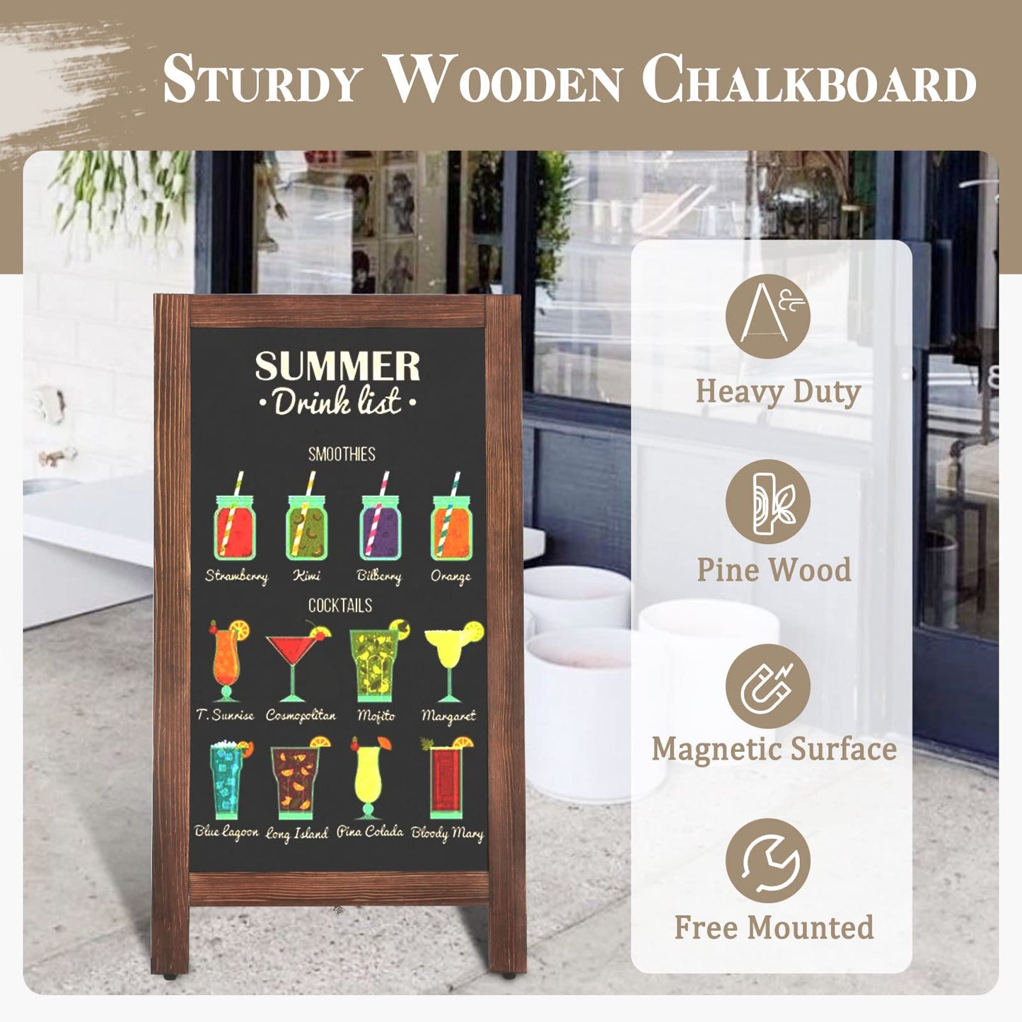 AMUSIGHT Wooden A-Frame Sign, Magnetic 40" x 20" Brown Chalk Board Sign Board, Double-Sided Sandwich Board Signs Outdoor, Chalkboard Easel, Menu Board for Restaurant, Business or Wedding