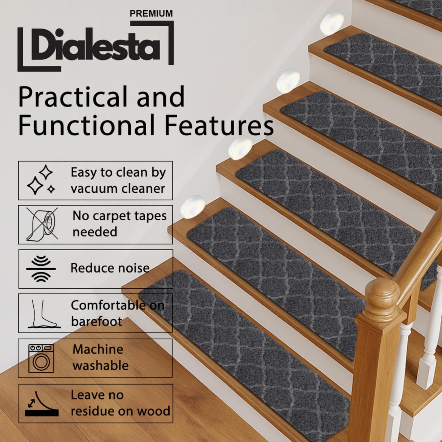 Stair Treads for Wooden Steps Indoor, Includes 15 Non-Slip Carpet Mat 8x30in with 5 Motion Sensor Lamps, Peel & Stick Carpet Stair Treads,Safety Stair Rugs for Kids, Elderly and Pets (Dark Gray)