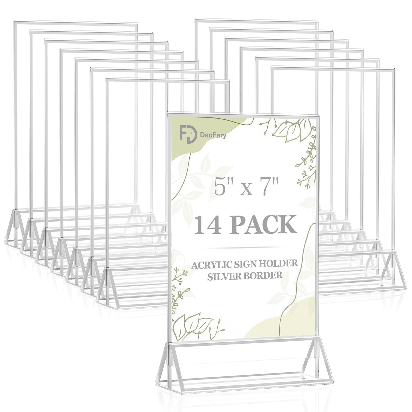 Daofary Acrylic Sign Holder 5 x 7, 14 Pack Double Sided Silver Picture Frame Stand up Table Top Sign Holders, Clear Display Stand Menu Flyer Holder for Wedding Party