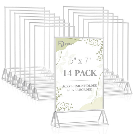 Daofary Acrylic Sign Holder 5 x 7, 14 Pack Double Sided Silver Picture Frame Stand up Table Top Sign Holders, Clear Display Stand Menu Flyer Holder for Wedding Party