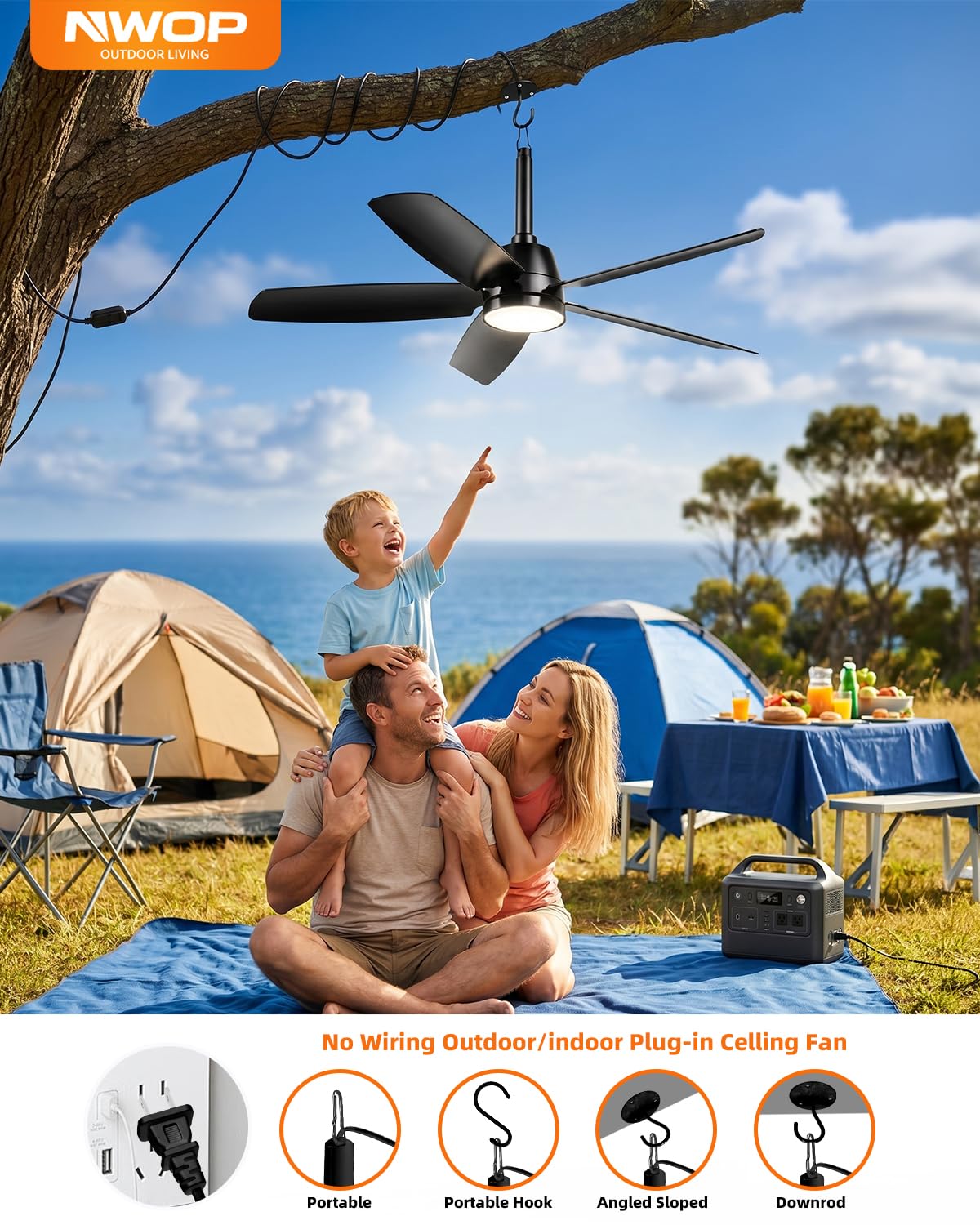 NWOP 36 Inch Plug-In Outdoor Ceiling Fan with Light and Remote, Waterproof Patio Ceiling Fan, 5 Blades Small Ceiling Fan for Porch Gazebo Pergola, Quiet Modern Ceiling Fan, Black