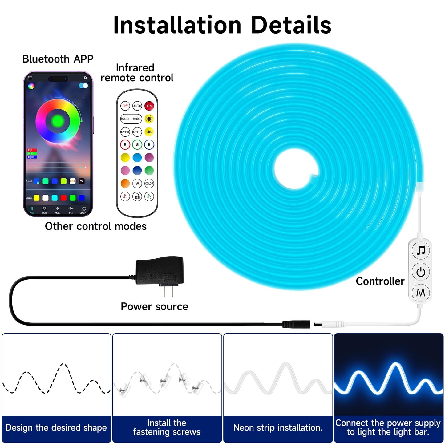 KANTUTOE LED Neon Rope Lights, 32.8ft RGB LED Light Strip, 24V Music Sync App/Remote Control DIY Rope Light, IP67 Waterproof Gaming Neon Strip Lights for Bedroom Indoor Oudoor Décor
