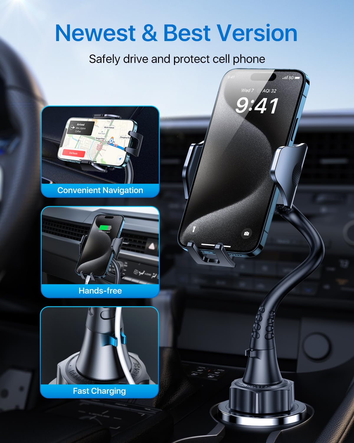 andobil Upgraded & Solidest 15in Cup Holder Phone Holder, [Stable & Adjustable] Long Gooseneck Car Phone Holders for Your Car Truck Fit for iPhone 16 Pro Max 15 14 13 12 Pro Max & All Cell Phones
