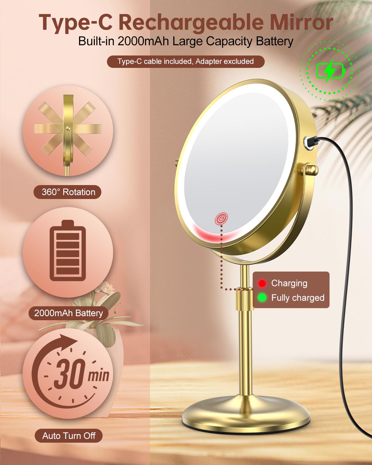 Benbilry Lighted Makeup Mirror with 3 Color Lights & 10X Magnification, Adjustable Brightness & Height, 7 Inch 360° Swivel Rechargeable 10X LED Magnifying Vanity Mirror with Light, Gold