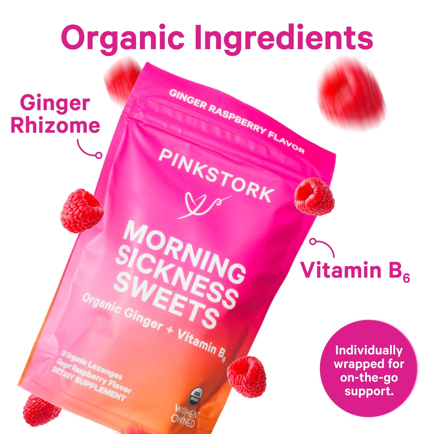 Pink Stork Morning Sickness Bundle with Organic Ginger Peach Tea and Sweets, Supports Morning Sickness for Pregnant Women, Digestion, and Motion Sickness, 1st Trimester Pregnancy Must Haves, Set of 3