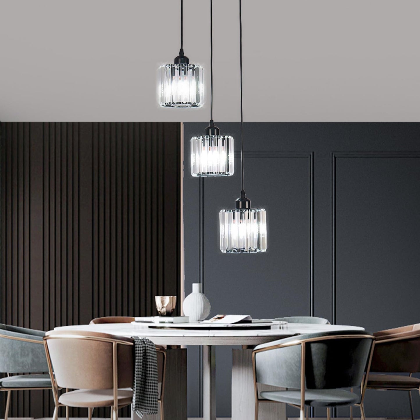 Cainjiazh Crystal Pendant Lights Round Ceiling,Modern Crystal Chandeliers Hanging Light Fixture for Kitchen Island,Adjustable Chandelier for Dining Room,Foyer,Living Room Entryway Black 3 Lights