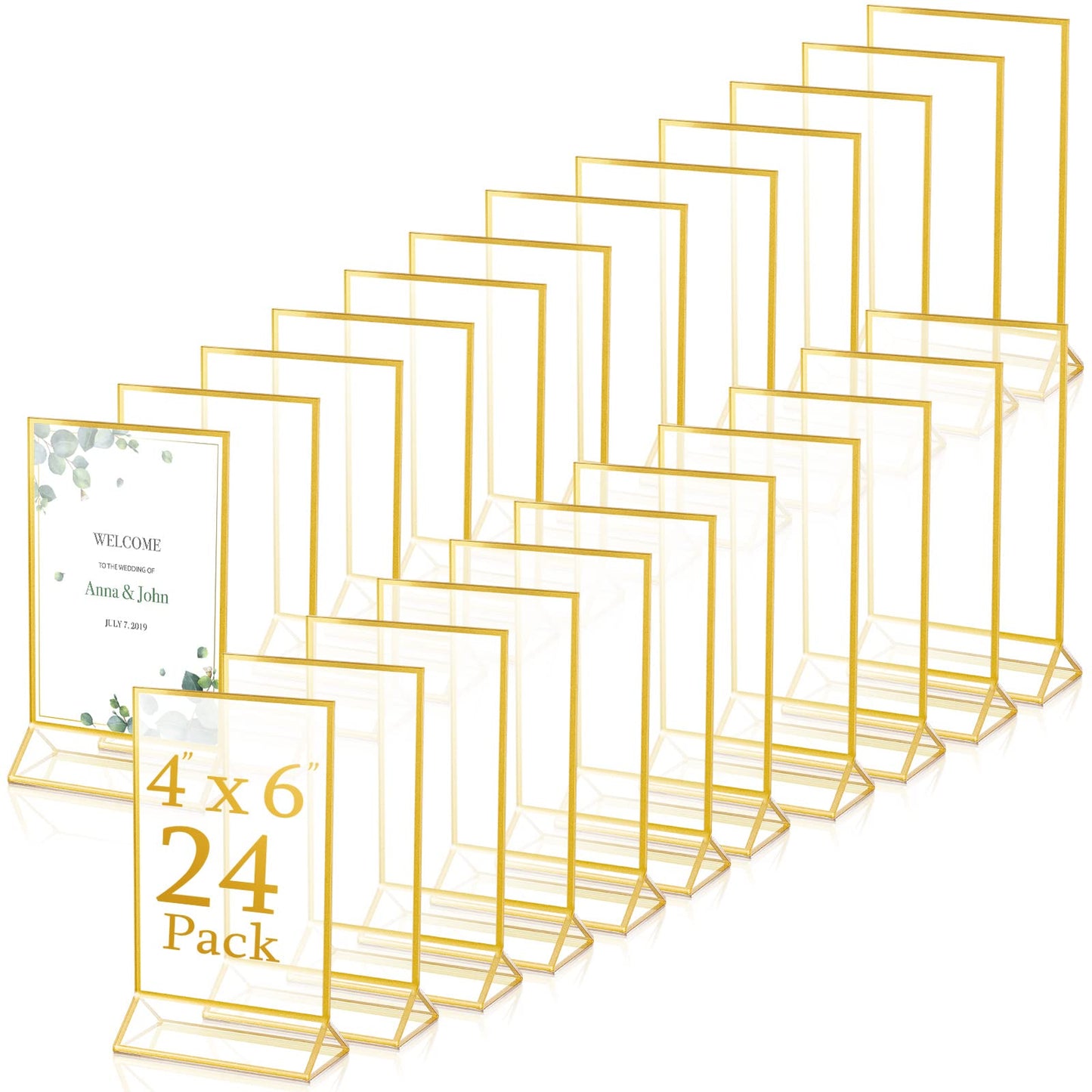 24 Pack Gold Picture Frames 4 x 6 Inch Clear Acrylic Sign Holders Double Sided Display Frames Bulk with Stand 2 mm Gold Border for Table Numbers Wedding Party (Vertical)