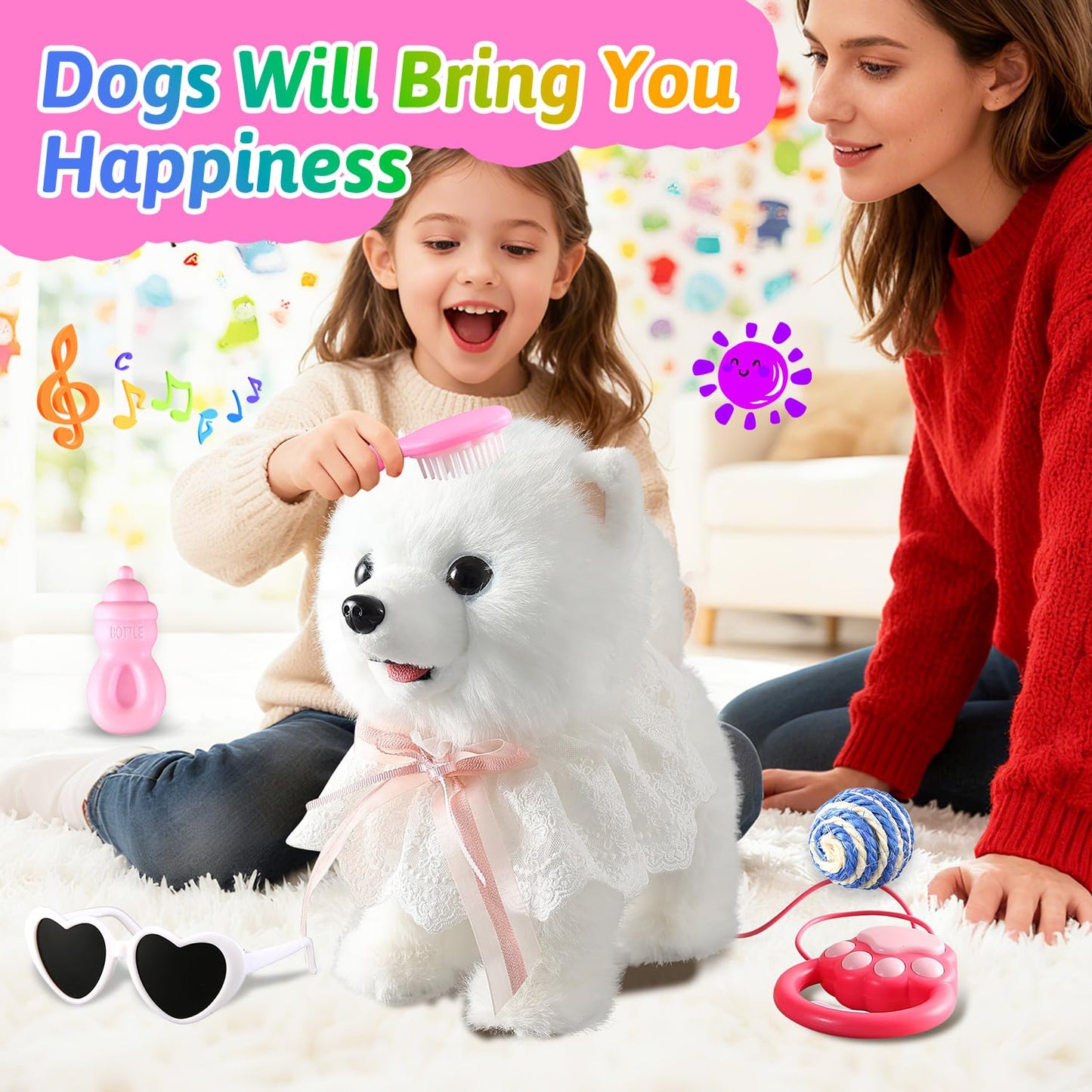 Walking Barking Singing Samoyed Puppy Toy, Repeats What You Say, Realistic Licking Tongue Wagging Tail Mechanical Dog with Touch or Voice Control, Interactive Music Dancing Plush Pet for Kids