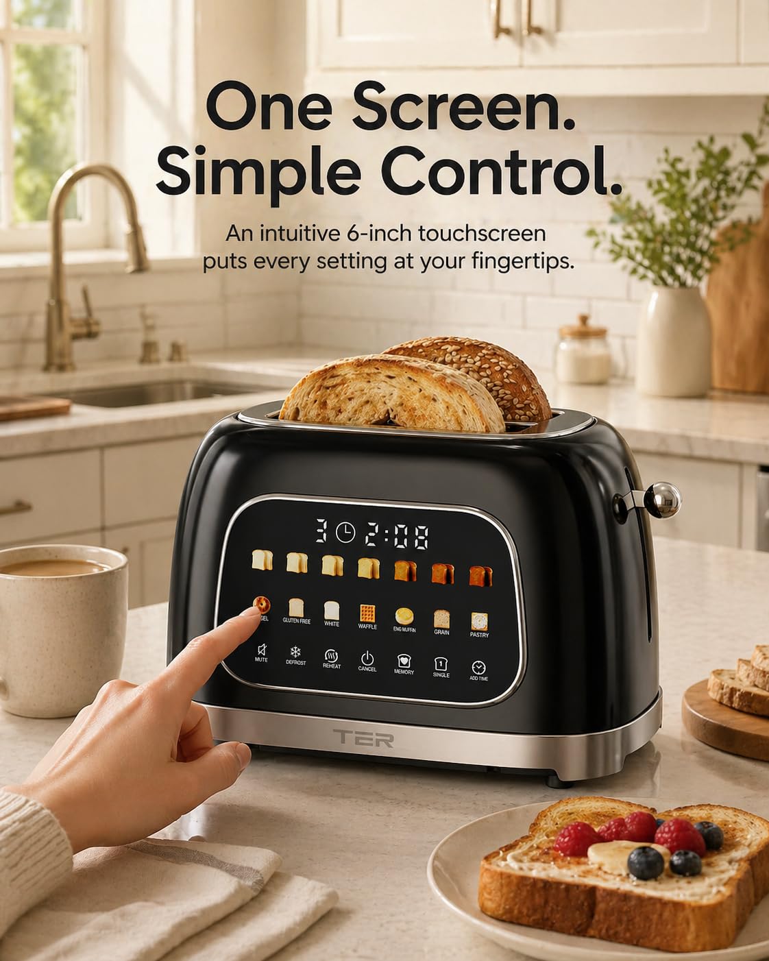 Toaster 2 Slice, Touch Screen Wide Slot Retro Toaster for Bagel & Thick Breads, Stainless Steel Smart Digital Toasters, 7 Bread Modes & 7 Browning Levels, Mute Mode, Memory, Defrost & Reheat, Black