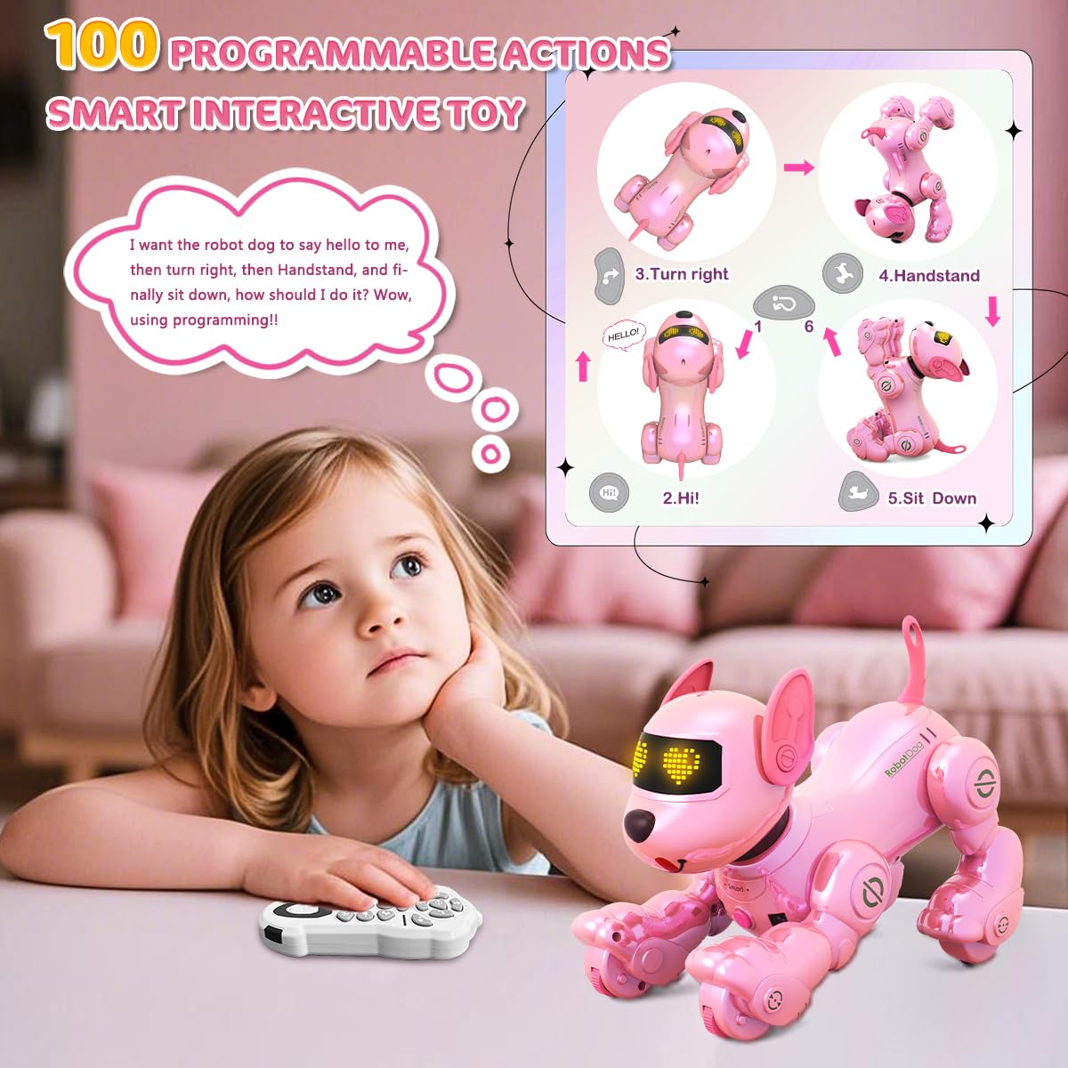 VATOS New Kids Smart Remote Control Robot Dog,17 Fun Interactive Functions Intelligent Programmable Kids Robotic Puppy with 2 Batteries, Singing Dancing Walking Robot Dog Toy for Girls 3-8 Year Pink