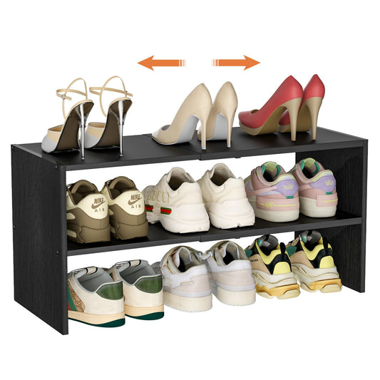Black Shoe Rack Organizer for Closet, 2-Tier Expandable Shoe Shelf, Stackable Iron Wood Combination Small Shoe Racks Shelves for Closets, Entryway,Small Space,Hallway,Garage,6-12 Pairs