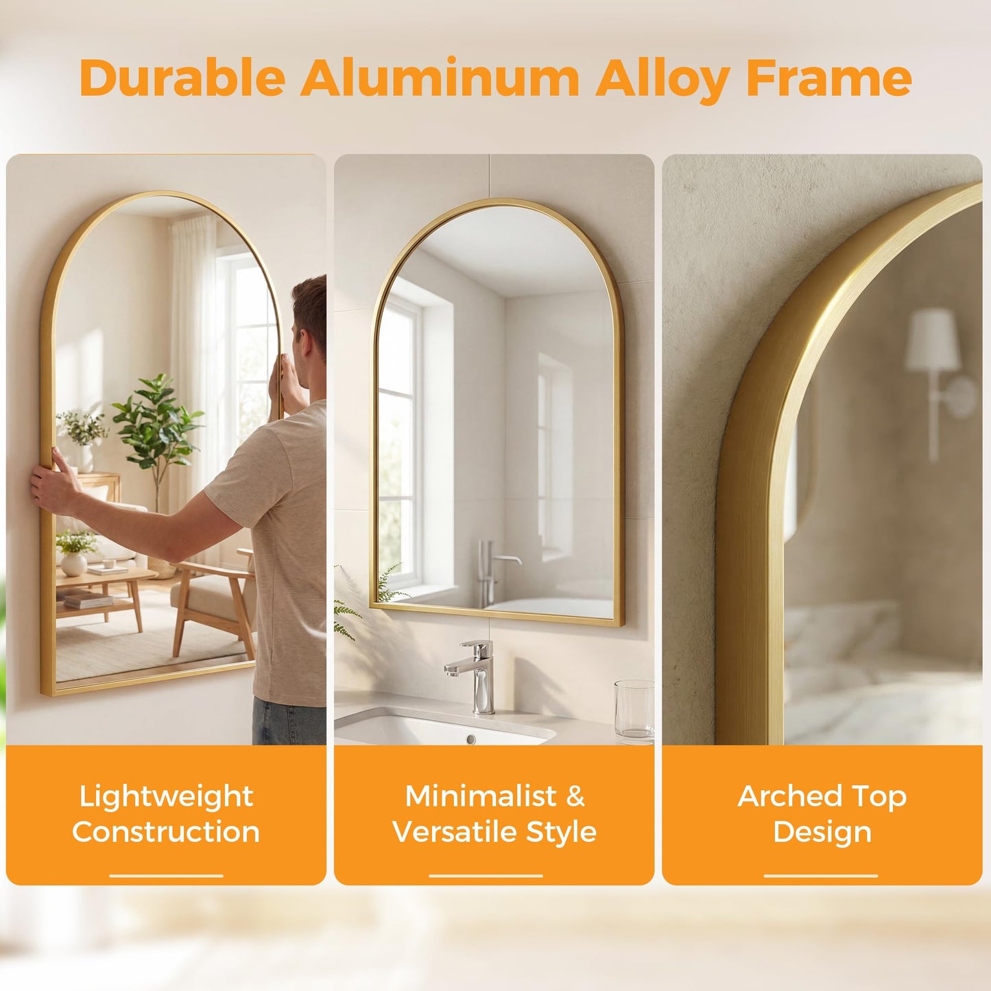 OLIXIS 24x36 Inch Arched Gold Bathroom Mirrors for Over Sink, Wall Mirror, Arch Bathroom Vanity Mirror with Matte Metal Frame and Tempered Glass for Home Decor, Living Room, Shatterproof