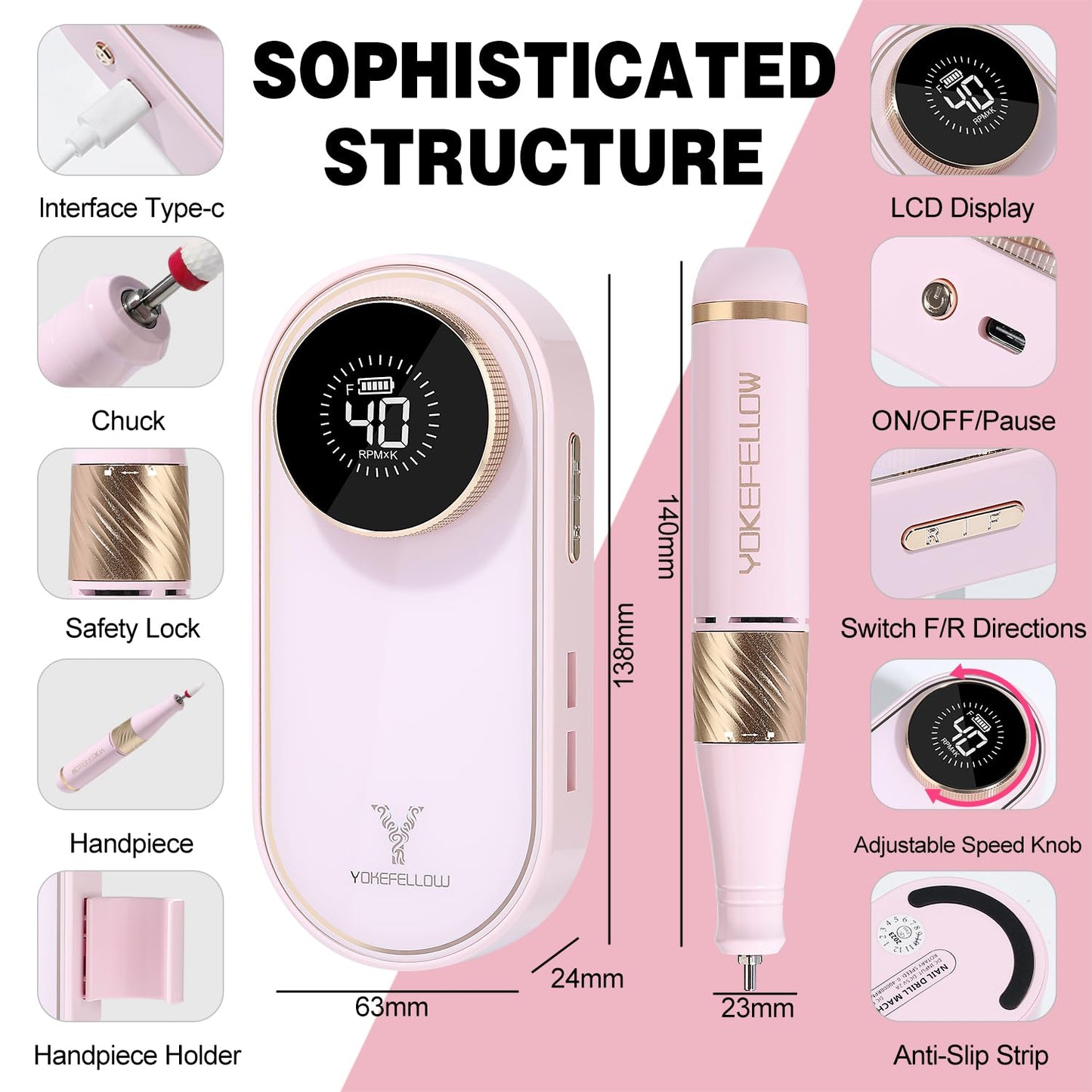 YOKE FELLOW Nail Drill Machine - 40000RPM Nail Drill Professional with 17 Drill Bits for Electric Nail File Manicure Pedicure Home Use (Pink)