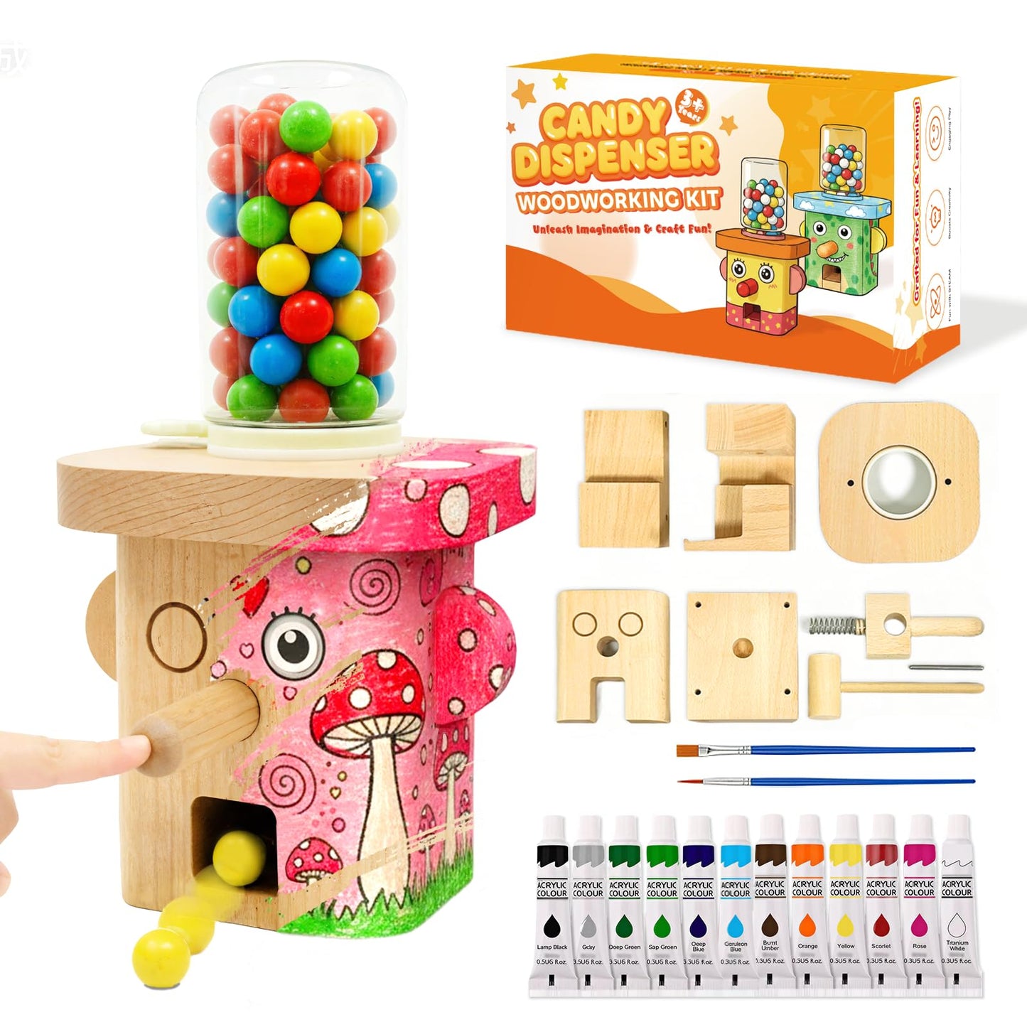 Woodworking Kit for Kids, STEM Wooden Candy Dispenser, DIY Wood Building Kits, Includes 12 Paints & 2 Brushes, Smooth No Nails Assembly, Mechanical Model for Boys & Girls, Fits Gumballs Under 0.6 Inch
