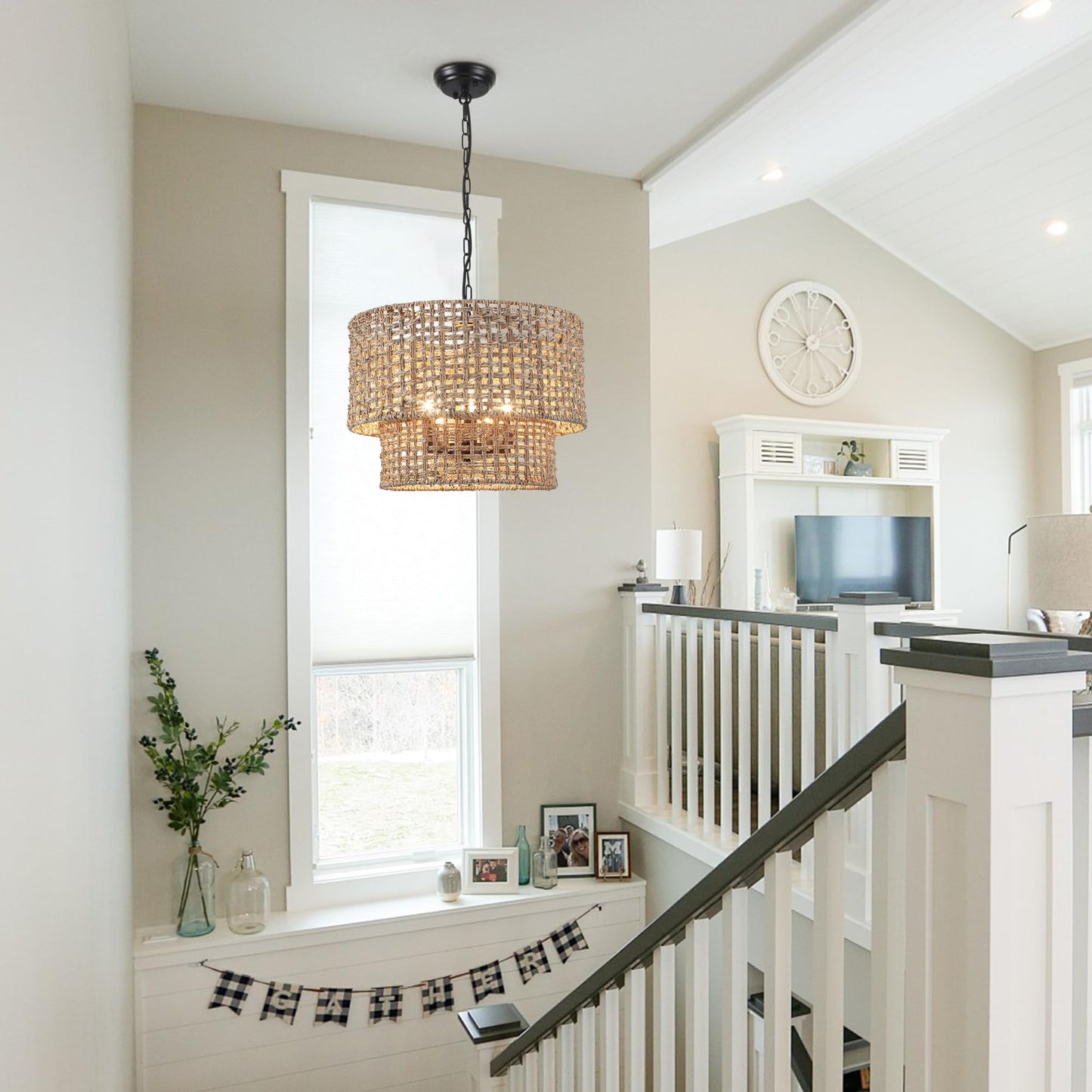 18.9" Rattan Farmhouse Chandelier 5-Light Large Boho Wicker Pendant Light Fixtures Hanging Coastal Drum Lighting Hand 2 Tier Woven Chandeliers for Living Room Dining Room Kitchen Island Foyer Entryway