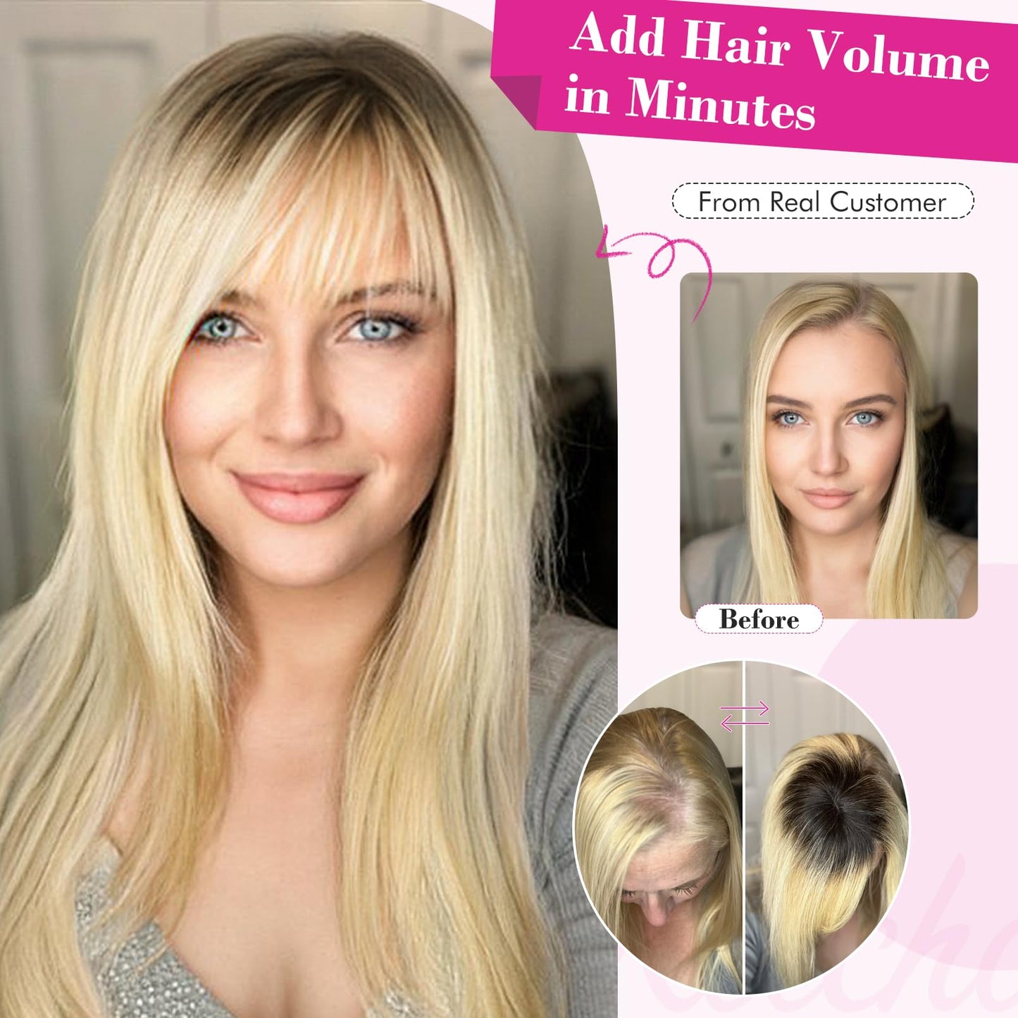 REECHO Hair Toppers for Women Real Human Hair, 10 inch Hair Toppers with Bangs, Hair Topper for Women with Thinning Hair, Grey