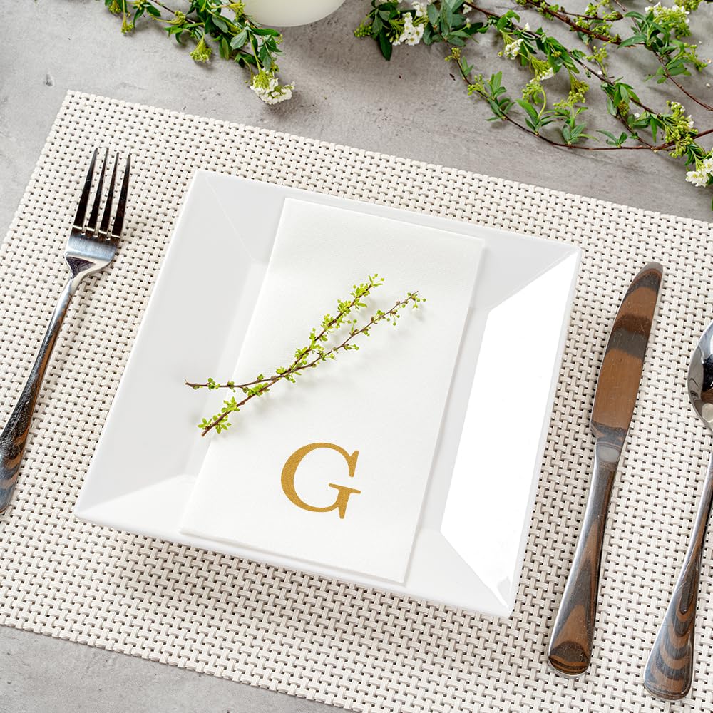 Luxenap 15.8 X 7.9 Inch Linen-Feel Guest Towels, 50 Lettered Hand Towels - Gold Letter 'G', Sans Serif Font, White Paper Dinner Napkins, airlaid, For Restrooms And Tables - Restaurantware