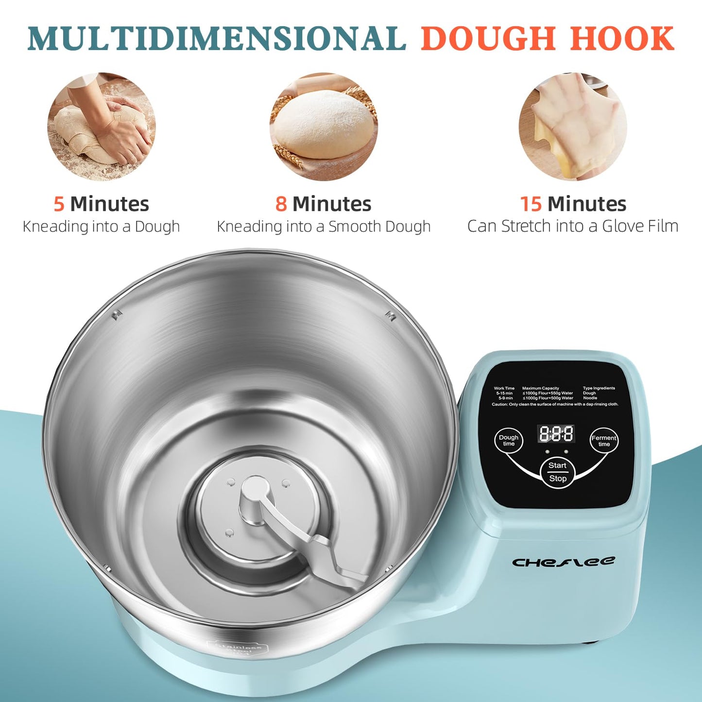 CHeflee Electric Dough Maker 250W,5.5 QT Smart Kneading and Fermenting Mixer Machine,Adjustable Time, 304 Stainless Steel Bowl,Blue