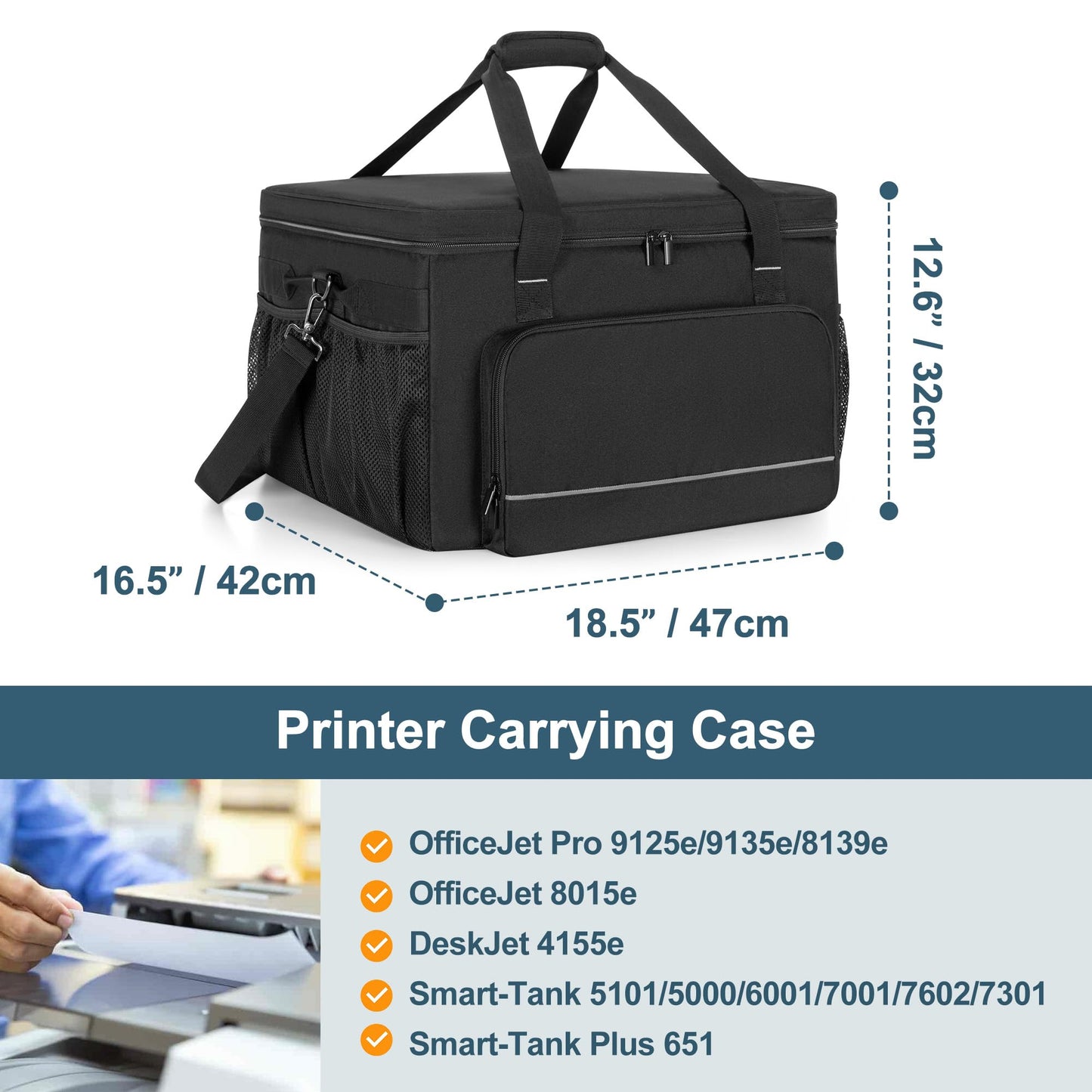 Yarwo Printer Carrying Case Compatible with HP OfficeJet Pro/DeskJet/Smart-Tank, Padded Office Printer Storage Bag with Base Board and Dividers for Ink, Paper and Office Supplies (BAG ONLY)