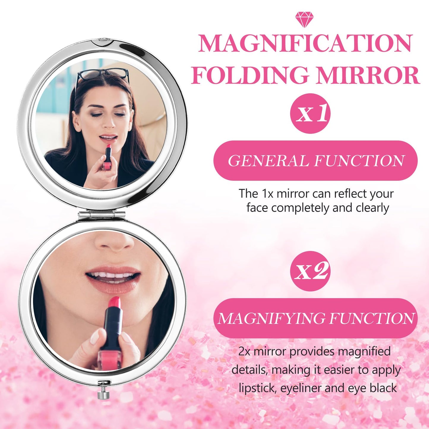 Maitys 16 Pcs Compact Mirror Bulk for Purses Small Cosmetic Folding 2.75 Inch Round Diamond Bling 1X/ 2X Magnifying Pocket Makeup Mirror for Women Wedding Gift, Pink Silver