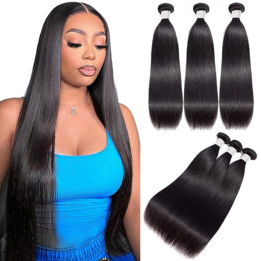 12A Human Hair Bundles 14 16 18 Inch Straight Bundles Human Hair 100% Unprocessed Brazilian Virgin Hair Natural Color Straight Hair Extensions for Women
