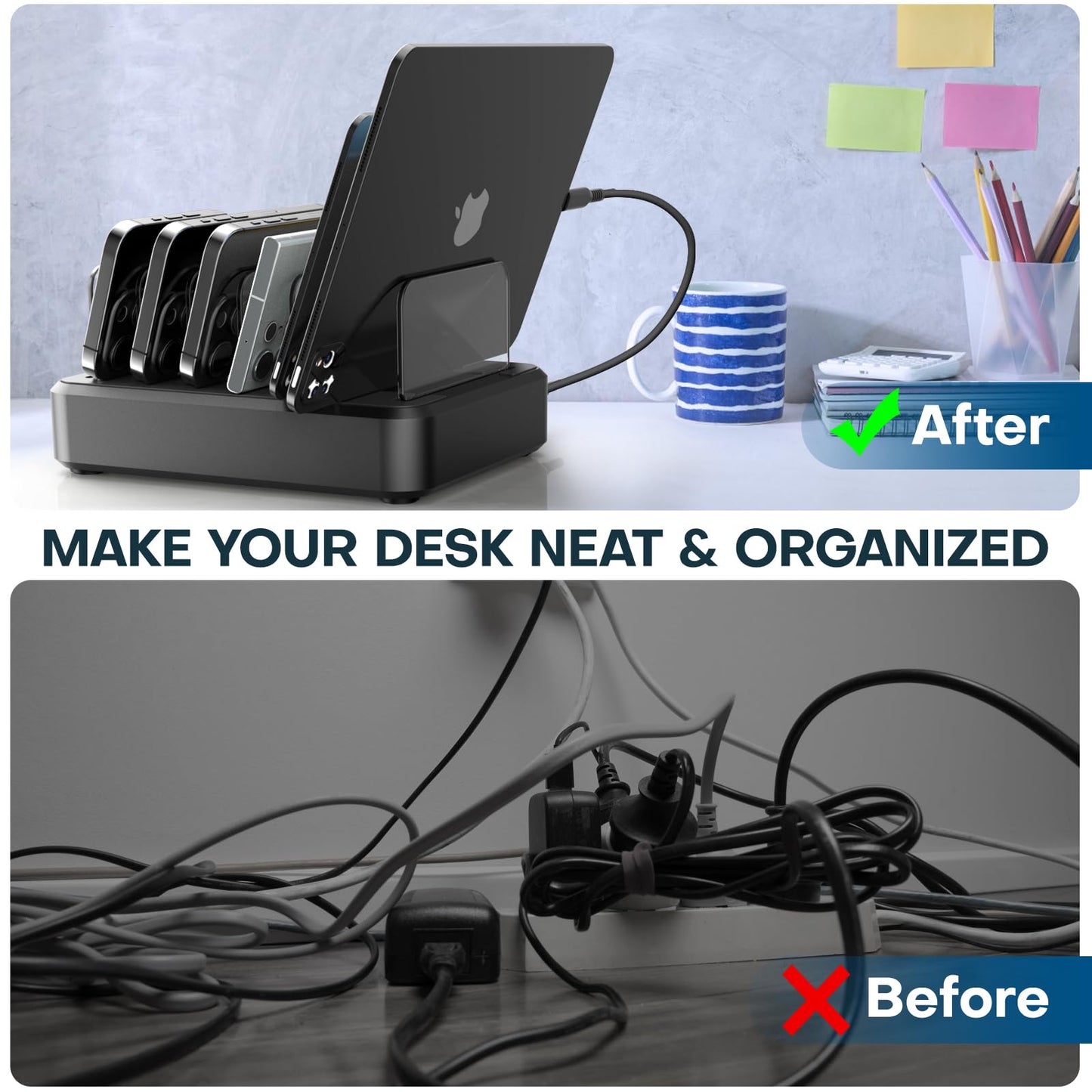 Charging Station for Multiple Devices,65W 6 Port USB C Charger Station with 2 20W PD USB C Port, 6 Short Cables Included,Compatible with iPhone iPad,Tablets Android and More (Black)