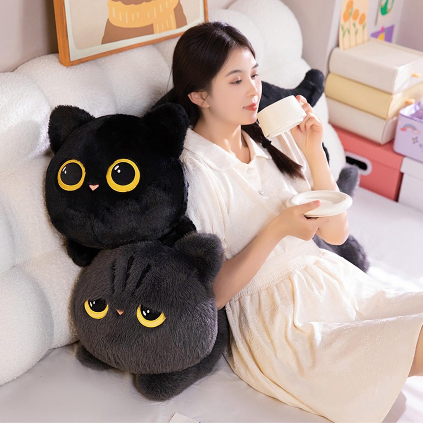 PEACH CAT 35.4" Long Cat Plush Pillow Cute Kitten Stuffed Animals Plushies Toy Gifts for Kids Grey