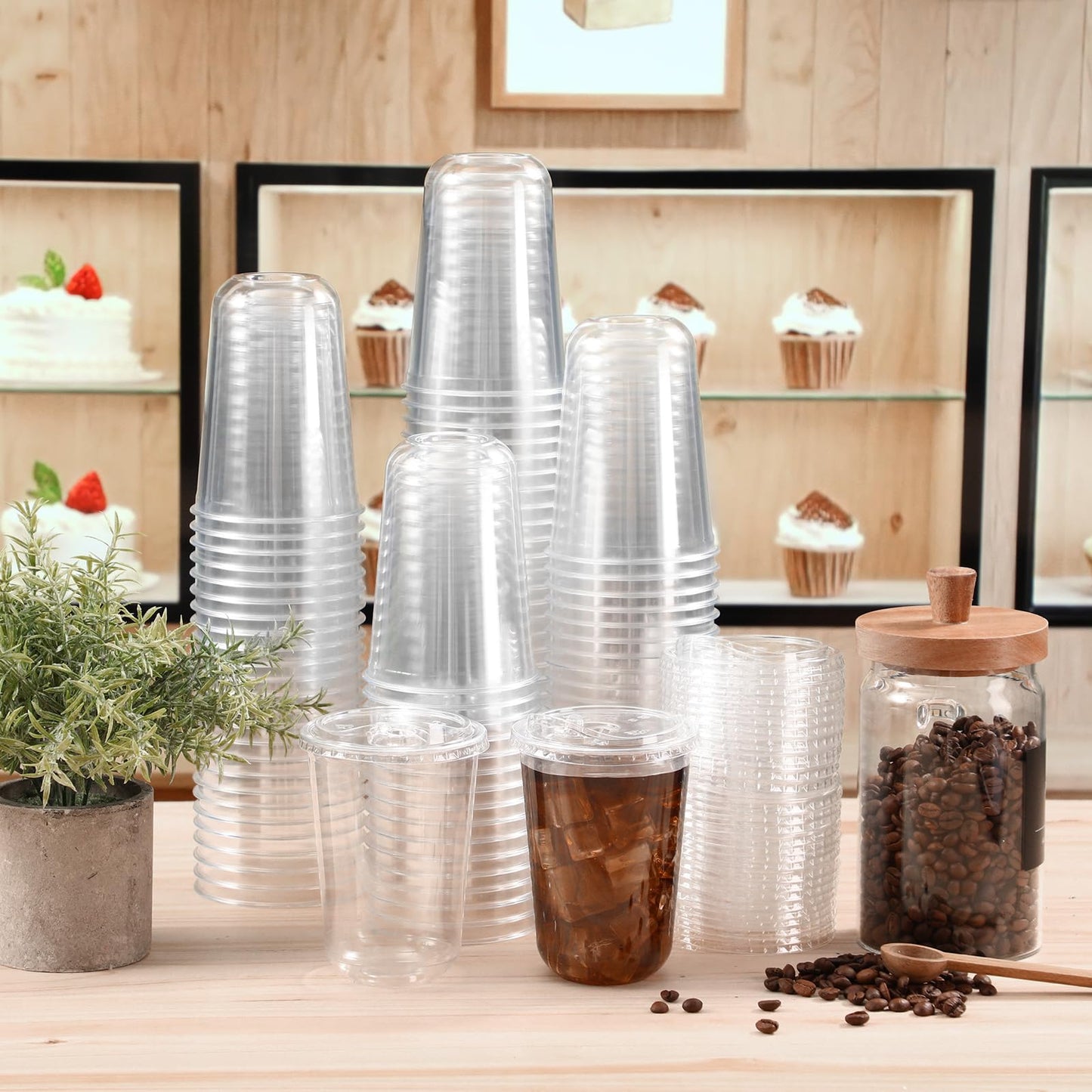 LemonRoad 200 Sets 16 oz Round Bottom Clear Plastic Cups with Sip Lid Disposable Plastic Iced Coffee Cup with Strawless Lid for Smoothie, Juice, Cold Beverage, Party Catering, Drink Shop