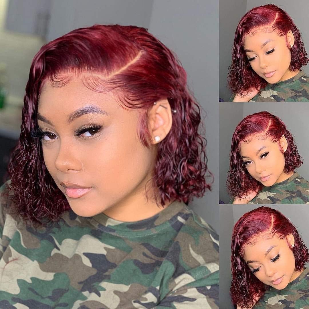 99J Lace Front Bob Wig Curly Wigs for Black Women Wet and Wavy Brazilian Remy Hair Unprocessed Human Hair Wigs Pre Plucked With Baby Hair Lace Frontal Wigs With Natural Hairline Wine Red 14 Inch