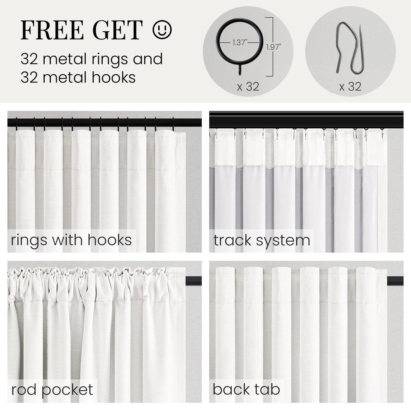 Topfinel 84 Inch Long Natural Blackout Curtains White Linen Panels, Farmhouse Back Tab Pinch Pleated Drapes for Track System,Neutral Linen Ambiance & Privacy Drapes Natural 52" W*84" L