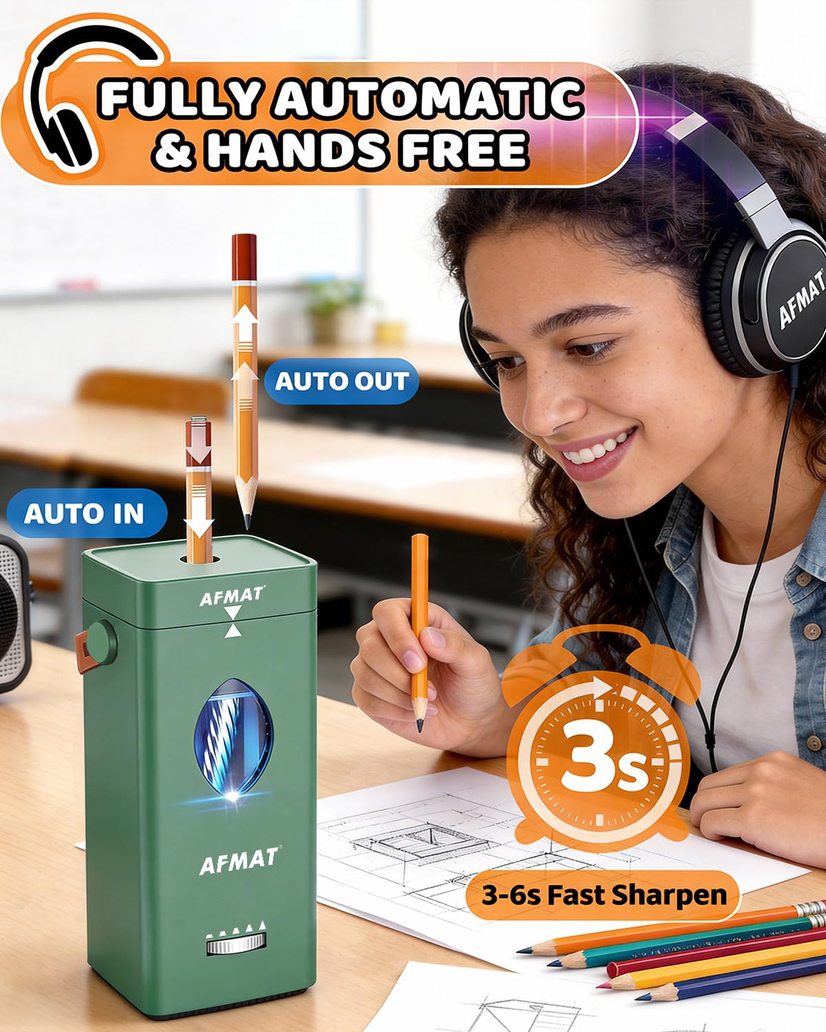 AFMAT Electric Pencil Sharpener, Rechargeable & Cordless, Fully Automatic Pencil Sharpener for Classroom, Auto in & Out, 5 Sharpness Modes, Heavy Duty Sharpeners for 6-12mm No.2/Jumbo Pencils PSC7