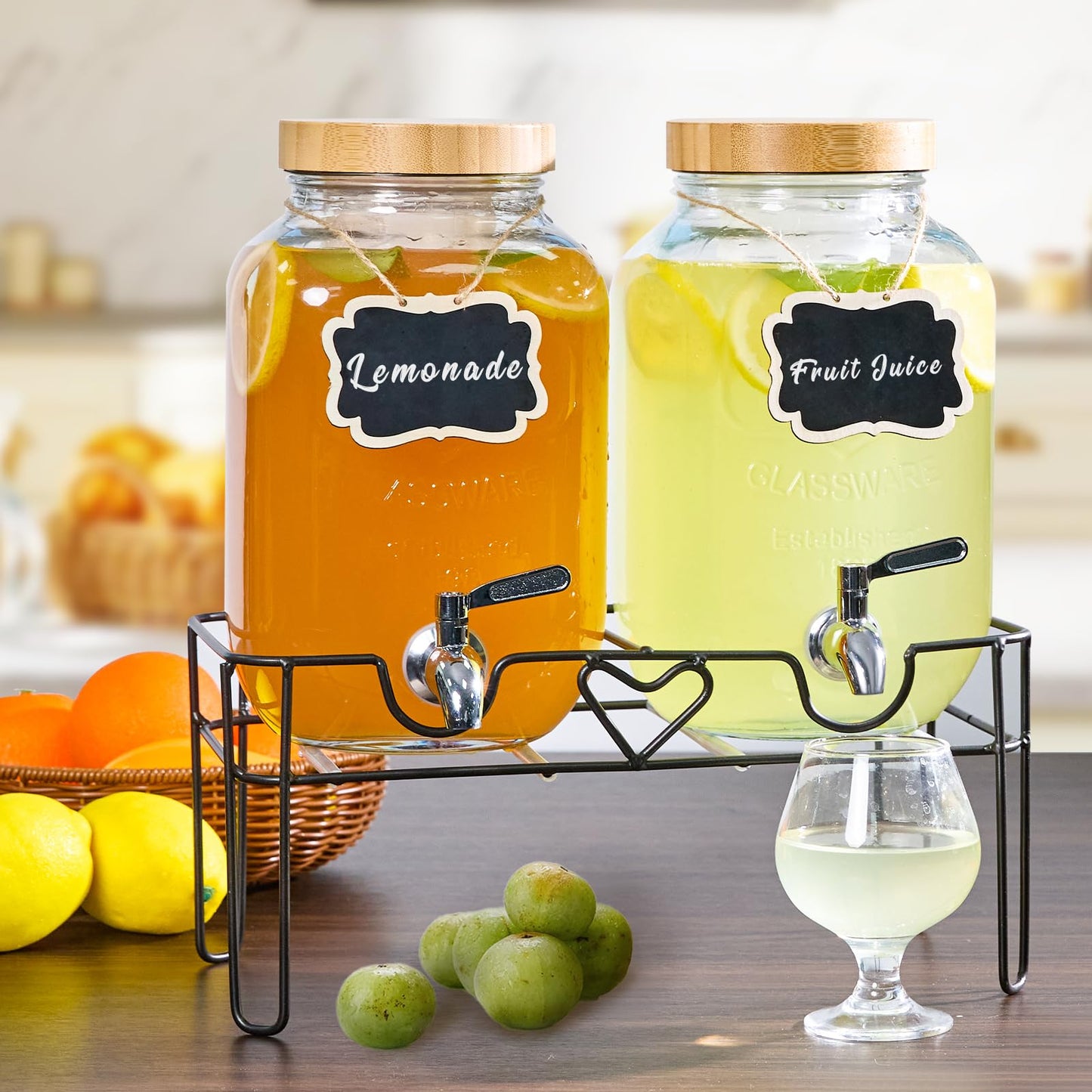 ShoreHao 2 Pack1Gallon Glass Drink Dispenser with Stand&Bamboo Lids&Fruit Infuser,304 Stainless Steel Leak-Proof Spigot,Beverage Dispenser for Parties,Water Sangria Juice Sun Tea Lemonade(Natural)