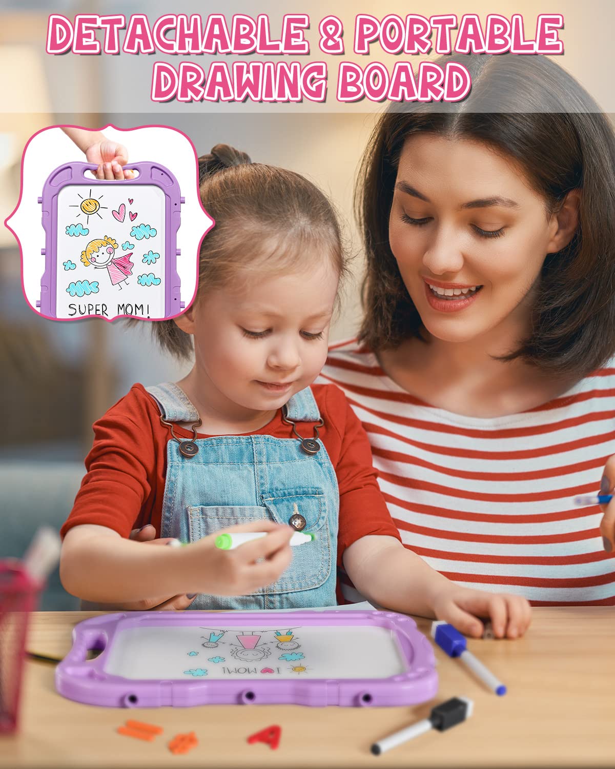Lehoo Castle Kid Easel, 4 in 1 Double Sided Art Easel with Magnetic White Chalk Board, Adjustable Standing Toddler Easel Board with Painting & Writing Accessories - Gift for Girls