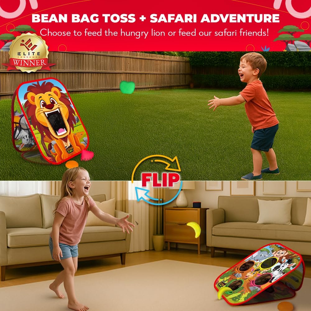 Swooc Games® - Safari Sling™ | 2-in-1 Bean Bag Toss Game for Kids | 5-Second Setup Kids Cornhole Game Set | Outdoor Toddler Activities | Backyard Party Games | Corn Hole Set Toddler Bean Bag Toss