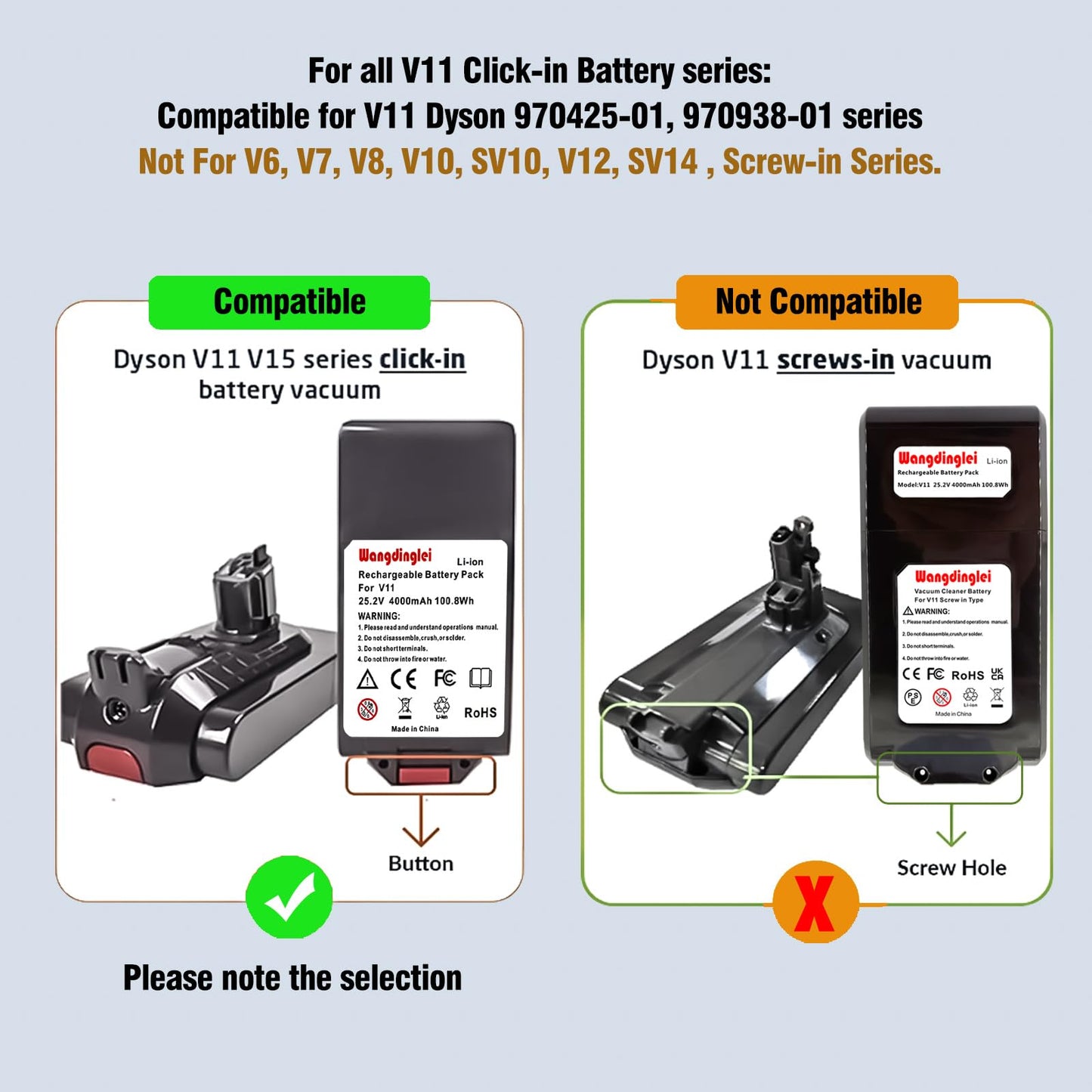 Wangdinglei Compatible with Dyson V11/V15 Click-in Batteries,Replacement Dyson v11 v15 Battery, V11 Total Clean, V11 Pro, V11 Torque Drive, SV15, No. 970425-01 (V11/v15 Click in)