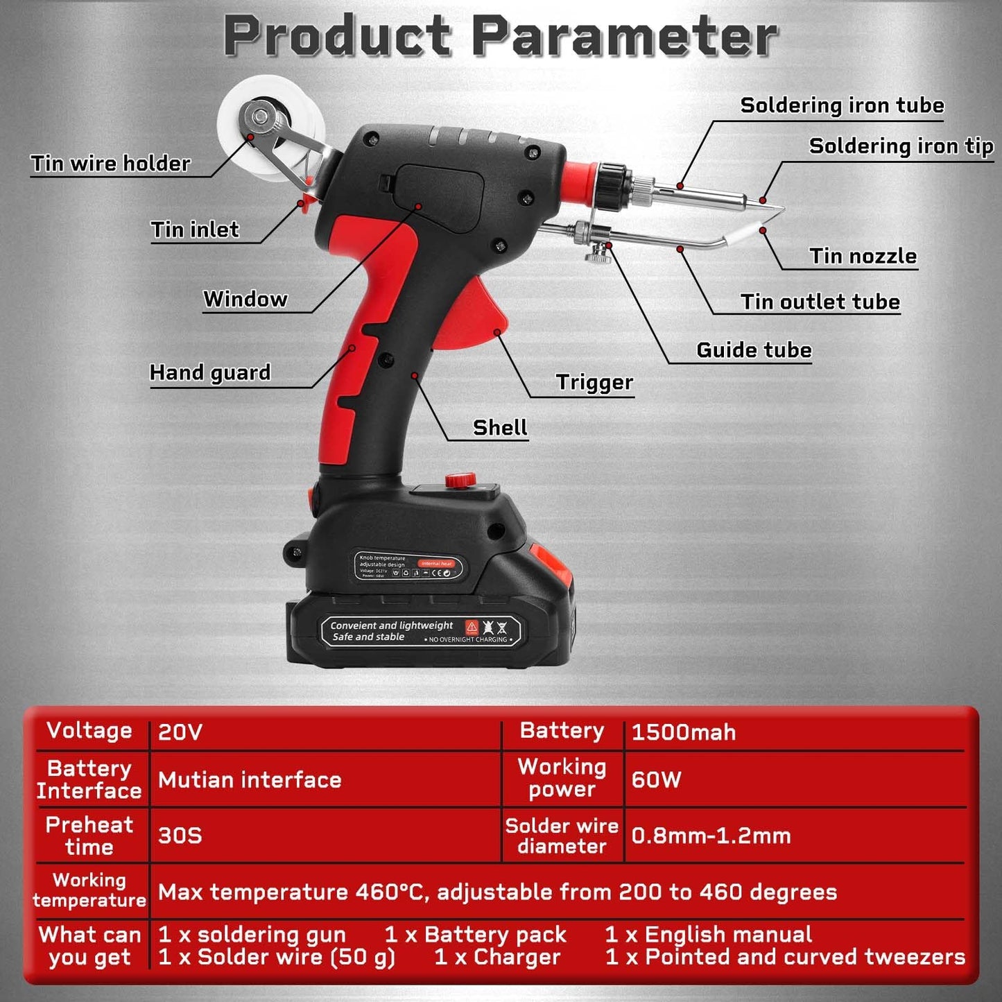 Cordless Soldering Iron Welding Kit - 60W 200-450℃ Adjustable Temperature One-handed Welding Iron With 20V Battery Automatic Soldering Gun Solder Tools for Electronic Repair Soldering Circuit Board