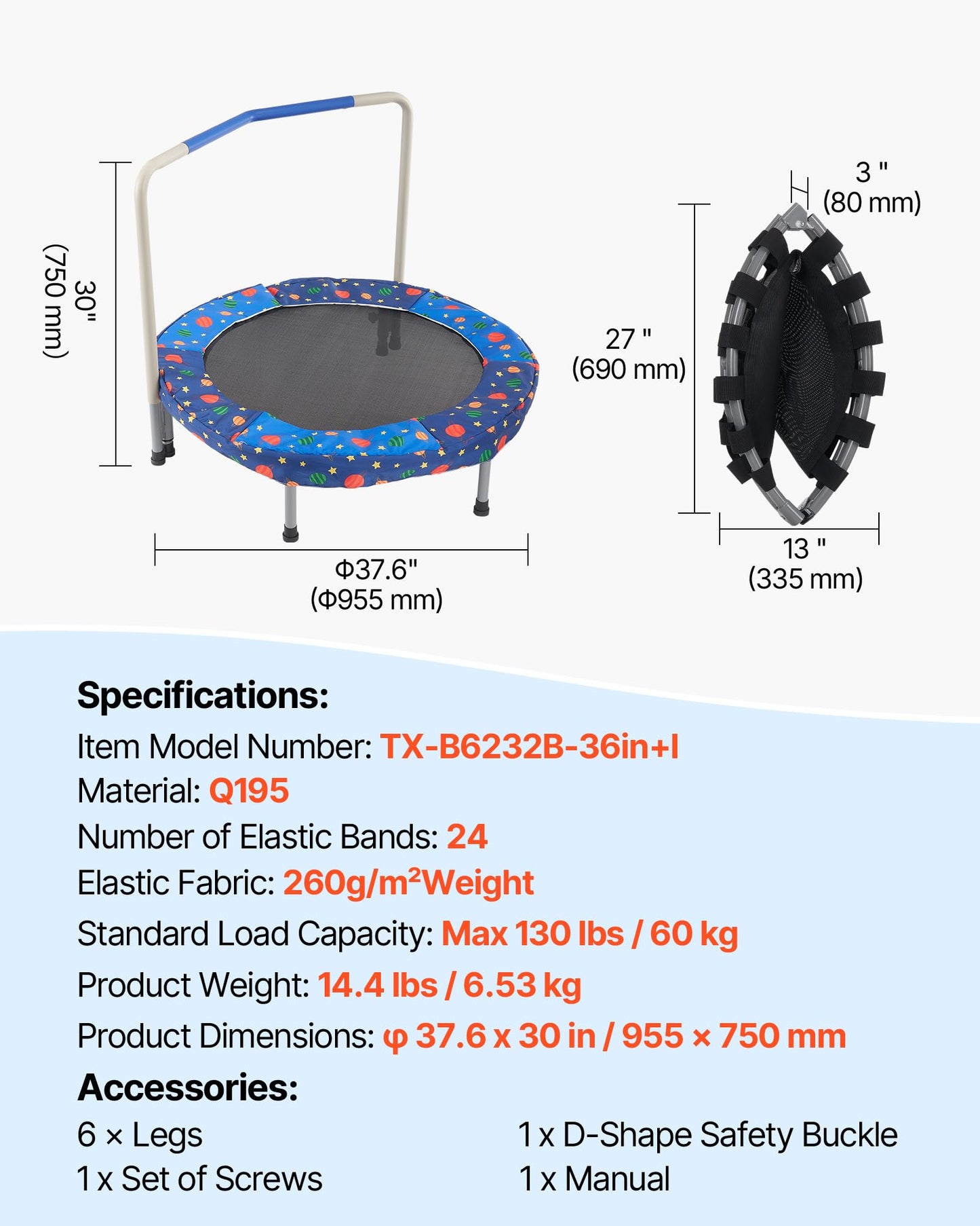 VEVOR 36" Kids Trampoline, 3FT Indoor Outdoor Trampoline, Foldable Mini Trampoline with Handle, Rebounder Trampoline for Toddlers, Birthday Gift for 3+ Years Children, Boys Girls for Fun, Bule