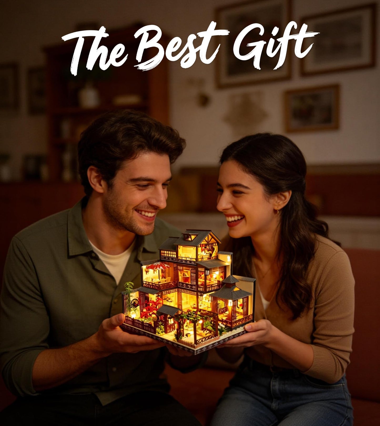 Spilay Dollhouse DIY Miniature Wooden Furniture Kit,Mini Handmade Castle Model Plus with LED & Music Box,Creative Doll House Toys for Adult Gift (Fuchun Resort)