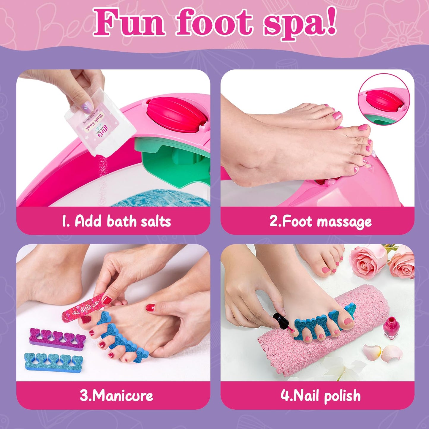 B Bascolor Kids Foot Spa & Nail Kit Set, Kids Spa Day Kit for Girls, Massage Foot Soak Tub and Nail Dryer, Manicure Pedicure Art Salon Girl Gift for 5-12, Christmas Birthday Gifts