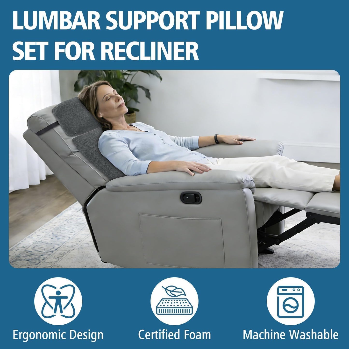 TANYOO Lumbar Support Pillow for Recliner Chair with Headrest, Dual-Layer Large Back Pillow for Deep Couch & Sofa, Memory Foam Lower Back Support Cushion Set for Sciatica Relief Dark Grey