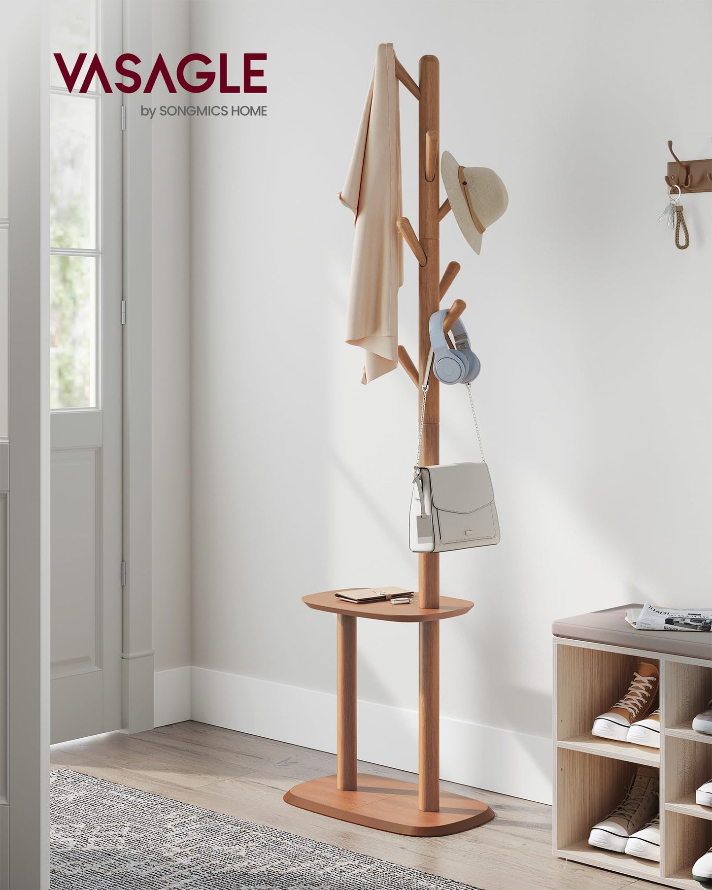 VASAGLE Coat Rack, Free Standing Coat Stand, Hall Coat Tree with 8 Hooks and Storage Shelf, 67.2 Inch Tall, for Coats, Hats, Bags, for Entryway, Hallway, Bedroom, Caramel Brown URCR040K01