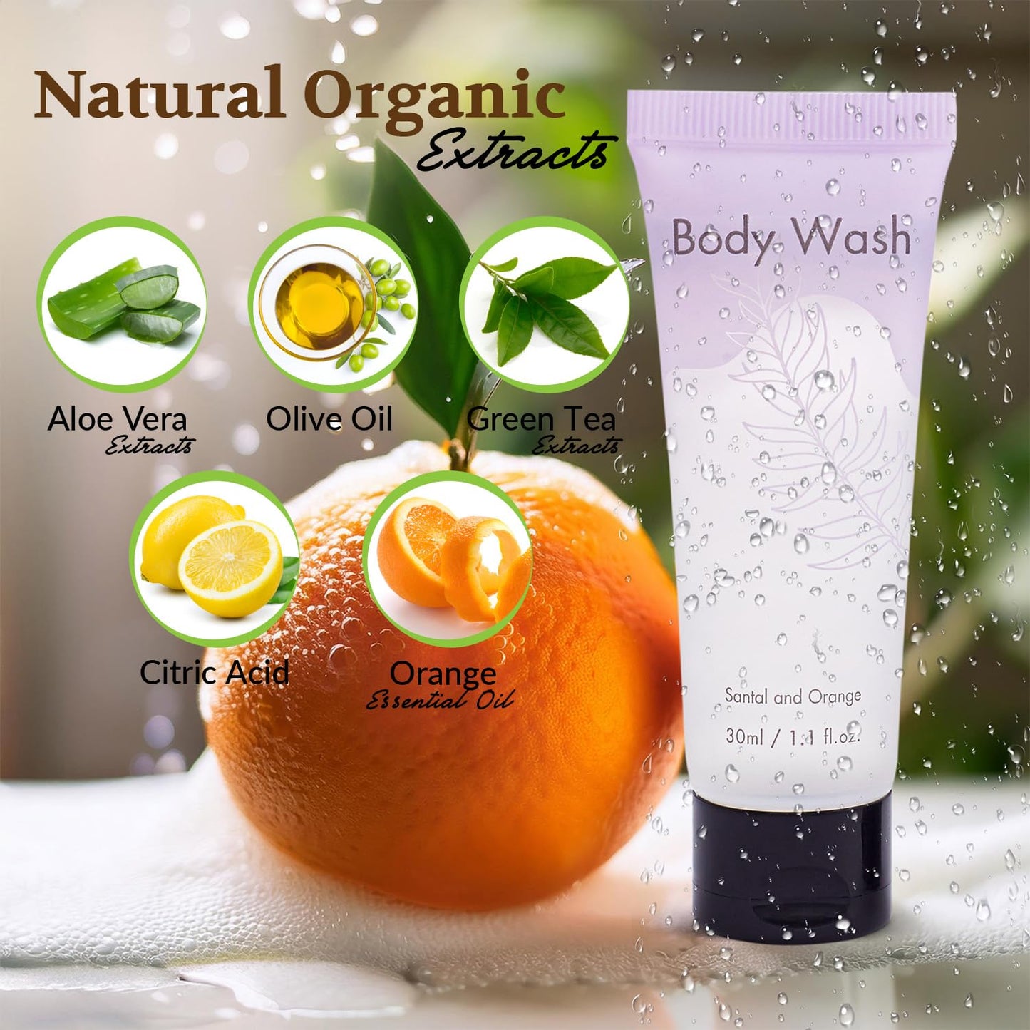 NISGUR Leak-Proof Travel Size Body Wash 1 Oz Each Pack of 200 Bulk Pack Hotel Body Wash Santal and Orange Scent Amenities and Toiletries for Hospitality