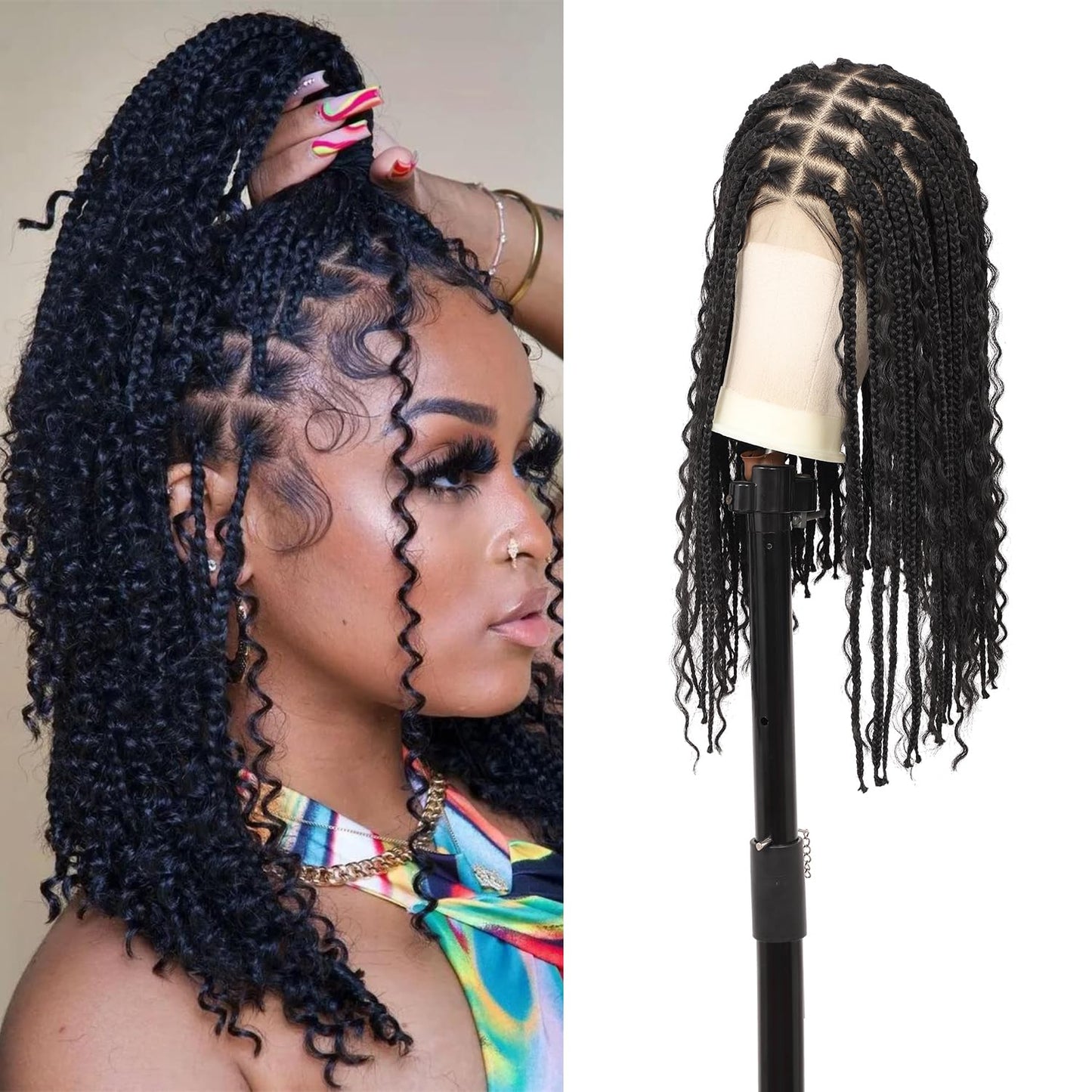 Lexqui 18" Short Boho Braided Wigs for Women 13x8 Inch Hd Lace Front Box Braid Wig Bob Knotless Braided Wigs with Curly End Braided Lace Front Wig Human Hair Blended Natural Black
