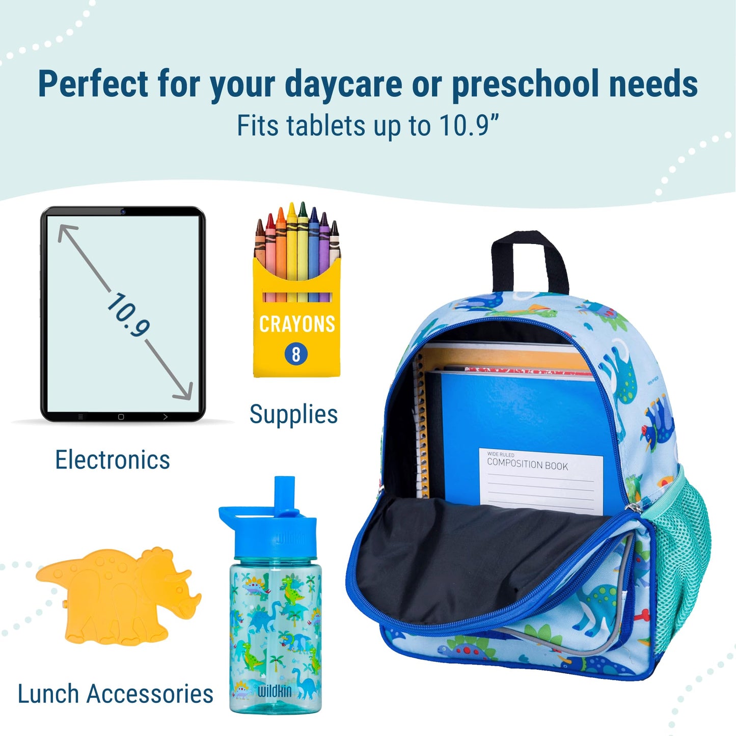 Wildkin 12-Inch Kids Backpack – Lightweight, Durable, Padded Straps – Ideal for Daycare, Preschool & Travel - Dinosaur Land