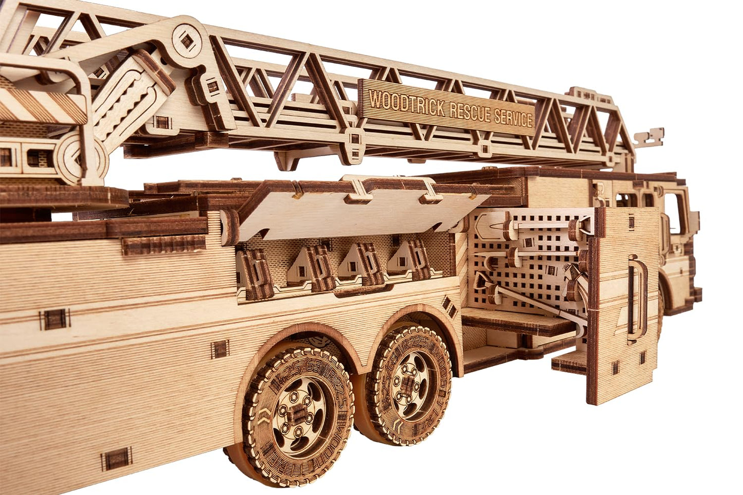 Wood Trick Rescue Firetruck Movable - Rotating Extendable Ladder - 3D Wooden Puzzles for Adults and Kids to Build - Rides up to 20 ft - Wooden Models Engineering DIY Project Mechanical Model Kit