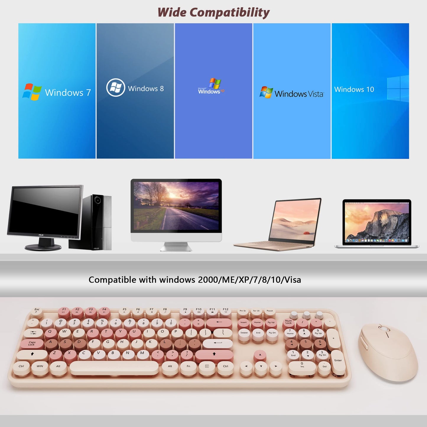 Wireless Keyboard and Mouse, KOOTOP Cute Keyboard and Mouse, 2.4G Wireless Keyboard with Retro Round Keycap for PC, Mac, Laptop,Computer Windows (Milk Tea)