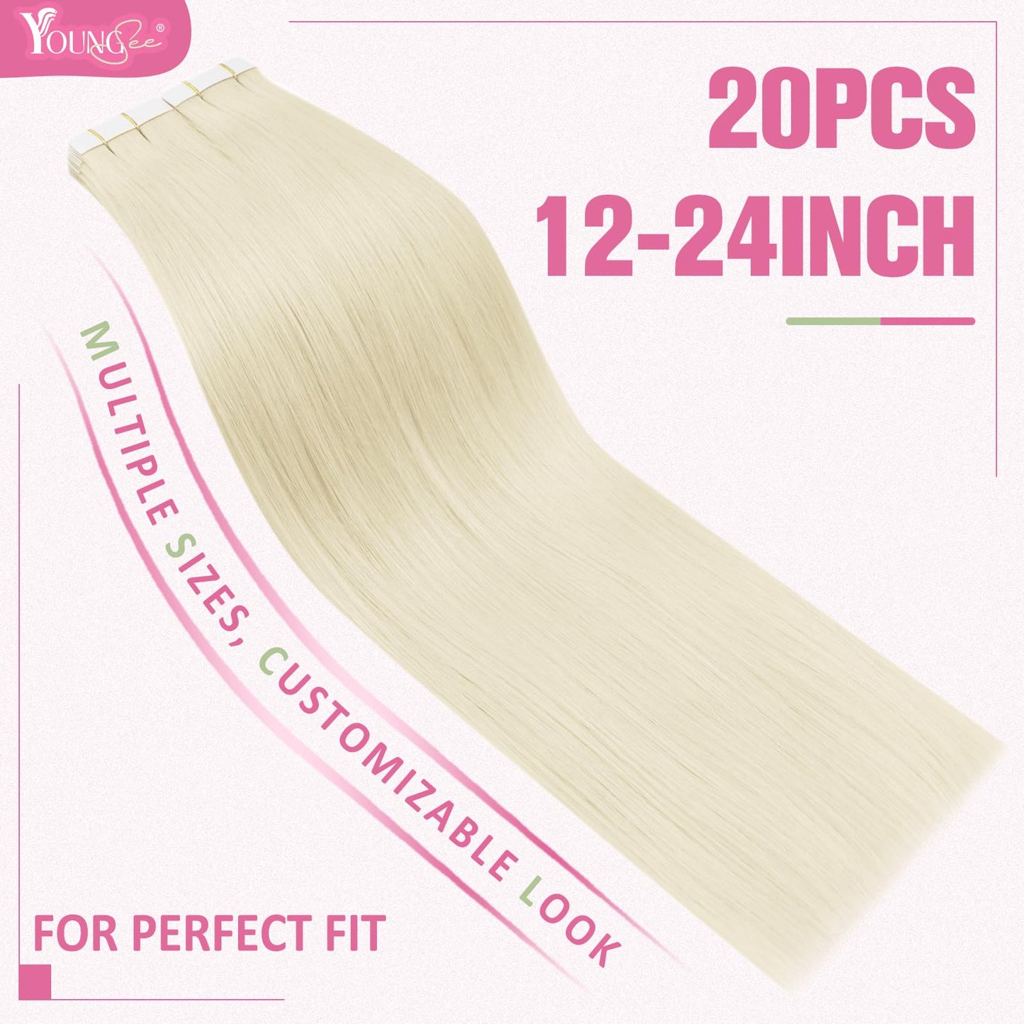 YoungSee Platinum Blonde Tape in Extensions Human Hair 24 Inch Seamless Tape in Hair Extensions Human Hair Platinum Blonde Tape on Hair Extensions Human Hair Blonde for Long Hair 20pcs 50g