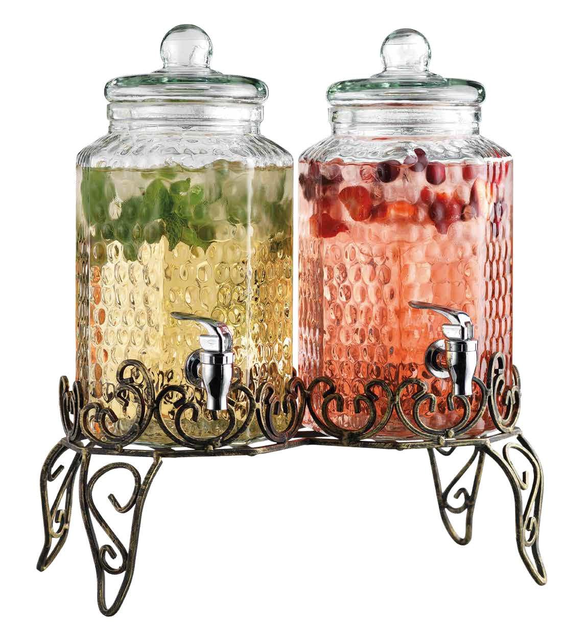 MosJos Glass Beverage Dispenser with Classy Metal Stand (Set of 2), 1.Gallon Glass Drink Dispenser with 100% Leak Proof Spigot, Party Drink Dispenser for Lemonade, Punch, Water, Juice for Parties