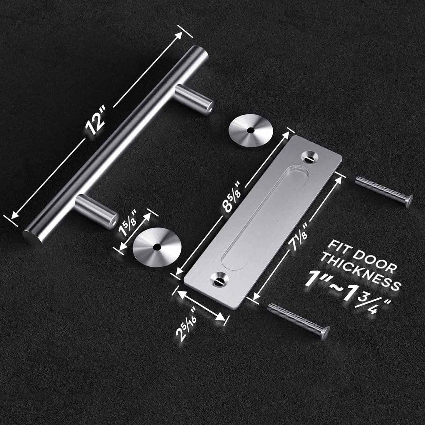 EaseLife 12" Stainless Steel Sliding Barn Door Handles and Pulls Flush Hardware Set, Double Sided, Brushed Finish, Easy Install, 2 Pack